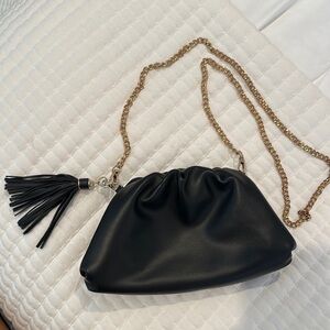 Rachel Zoe Black Faux Leather Gold Chain Tassel Clutch Crossbody Bag